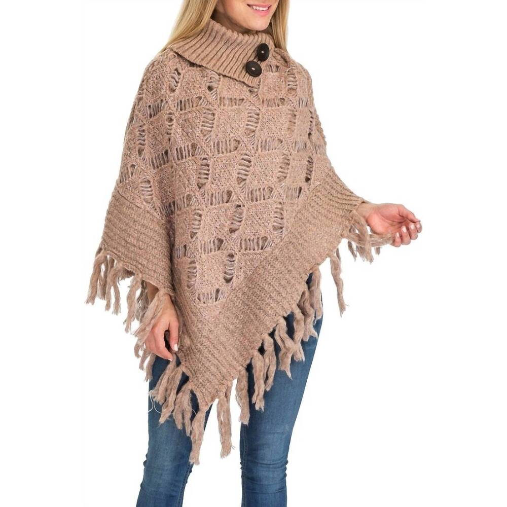 NEW CAP ZONE turtleneck ribbed crochet knit poncho with button accent in rose go